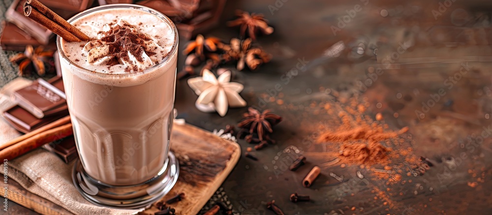 Poster chilled cocoa drink served with cold milk, perfect for cozying up with. add a flair with a sprinkle 