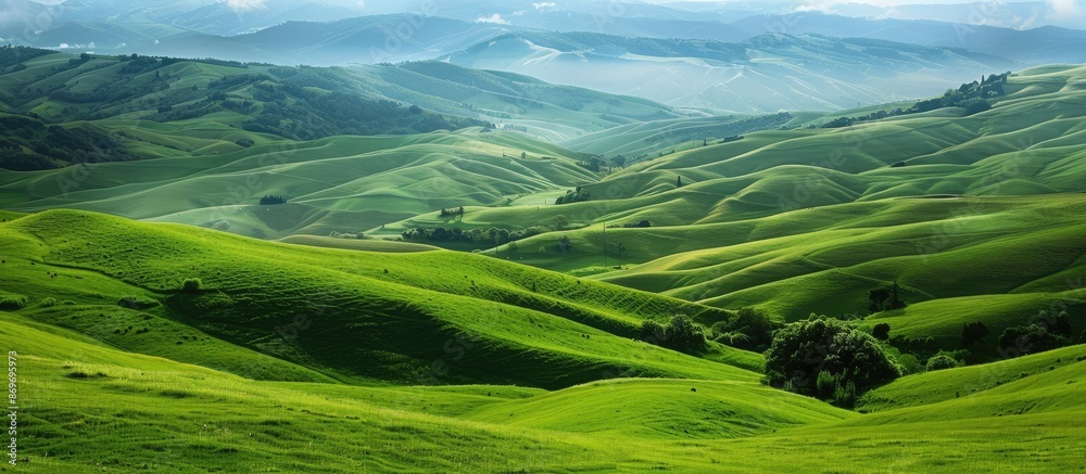 Poster Beautiful green valley with rolling hills in the background, perfect for adding text with copy space image.