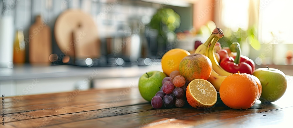 Poster a close-up perspective of juicy, fresh fruits placed on a kitchen table with a clear and spacious ba