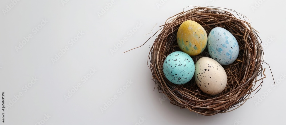 Fototapete Artificial bird nest holds painted chicken eggs resembling Easter eggs on a white background. Top view angle showcasing Easter theme with copy space image.