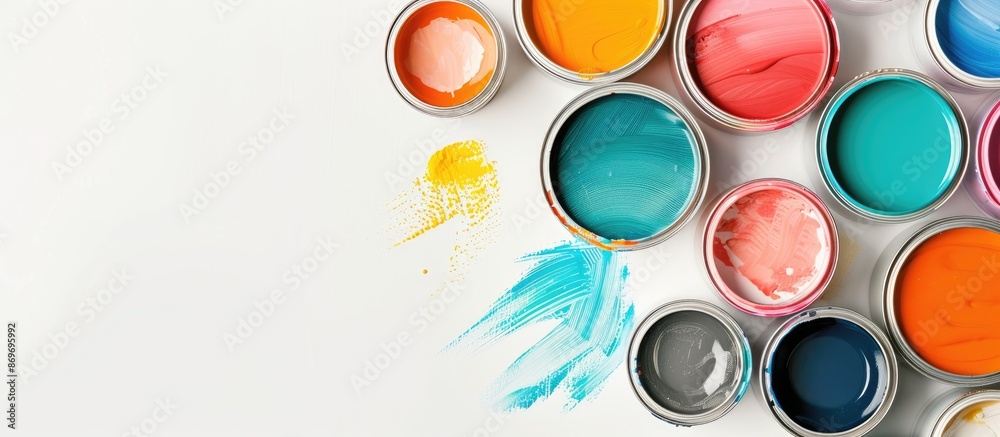 Aufkleber Overhead view of various paint cans and brush on a white backdrop with space for text or design, also known as a copy space image.