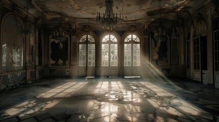 Fototapeta premium abandoned ballroom in decaying mansion moonlight streaming through broken windows dusty chandeliers casting eerie shadows on cracked marble floor