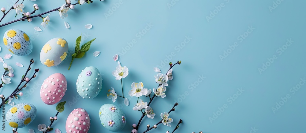 Aufkleber minimal easter concept featuring a composition of easter eggs and flower blossoms on a blue backgrou