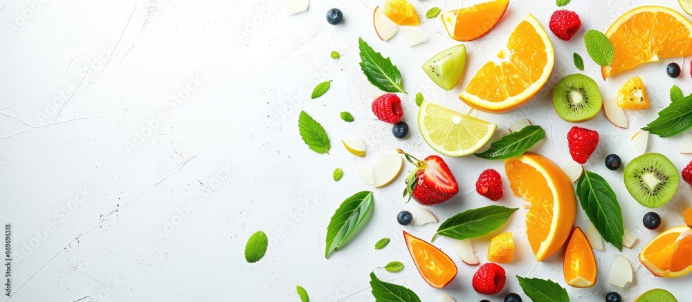 Poster a fruit salad with green leaves displayed on a white backdrop to enhance vibrant colors in the copy 