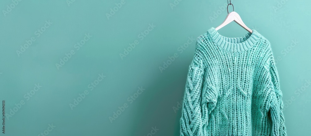 Poster mint background with knitted sweater on hanger, featuring copy space image.