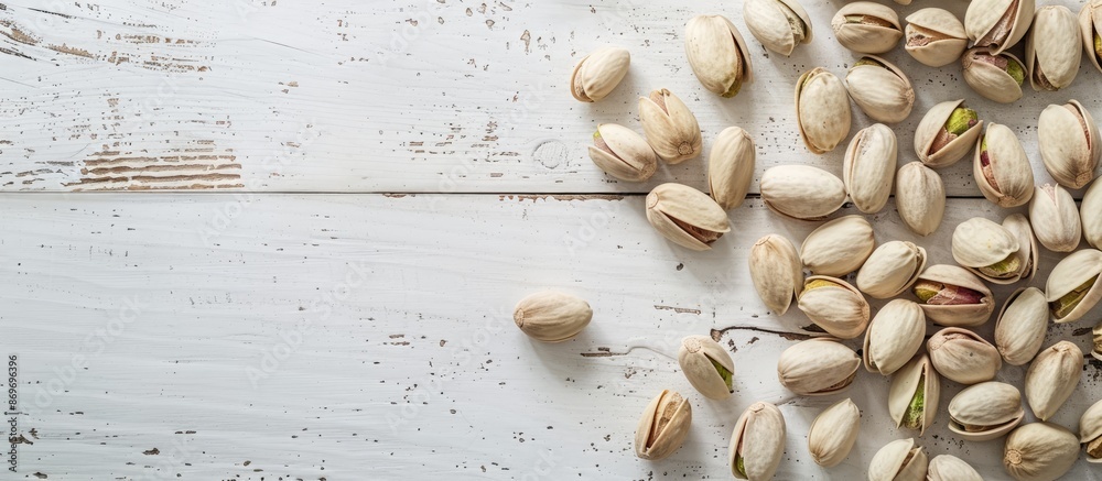 Poster Top view of pistachios on a white wooden surface with ample copy space image.