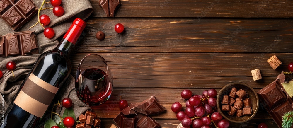 Poster top-down view of a red wine bottle, grapes, chocolates, and glasses on a wooden table, with space fo