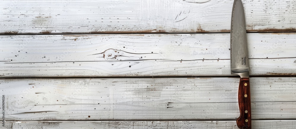 Poster rustic kitchen knife displayed on white wooden backdrop with copy space image.