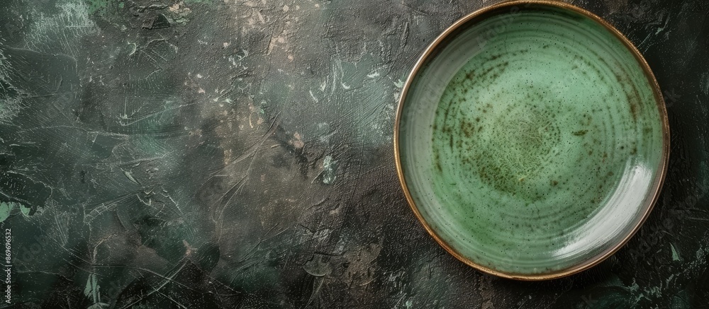 Leinwandbilder Rustic green plate on a dark table with a rough surface in a top-view setting, featuring a copy space image for menu or recipe backgrounds.