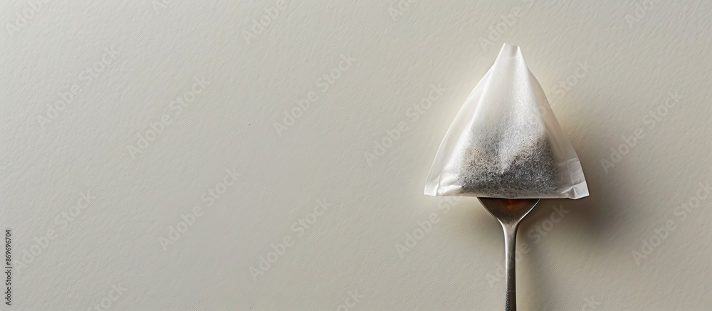 Poster Tea bag placed on a spoon against a light background with copy space image.