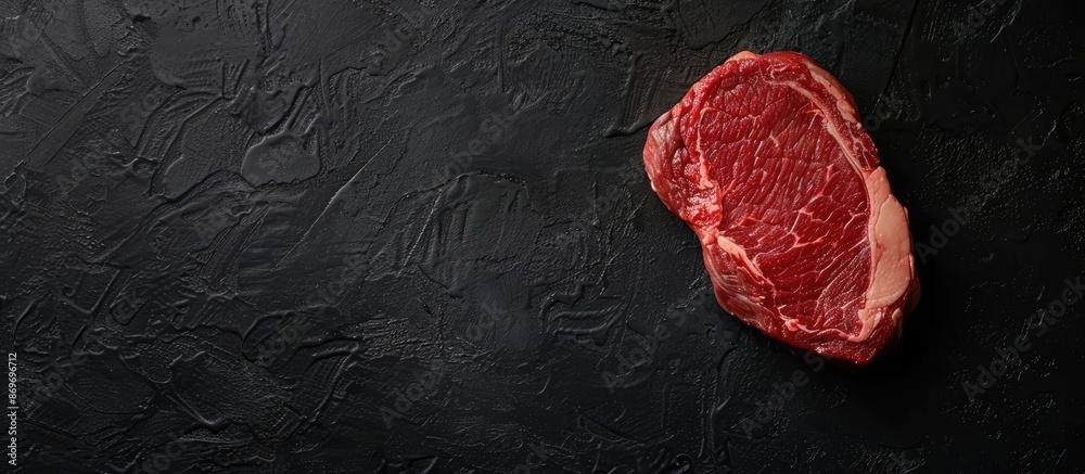 Poster Raw steak on black background, providing views from the side and above with space for text or images. Copy space image. Place for adding text and design