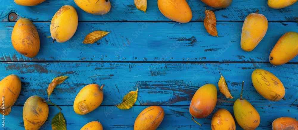 Sticker free copy space image of a mango arranged artistically on a top view of a blue wooden background.