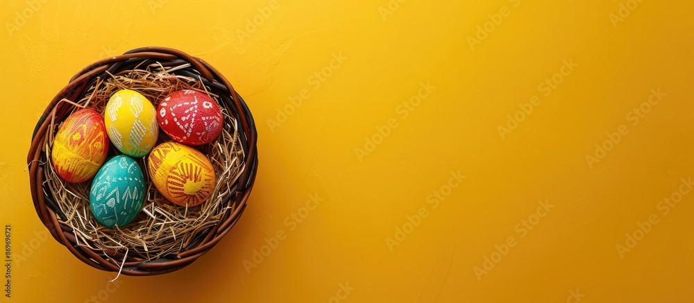 Poster Top view flat lay composition of Easter eggs in a basket on a yellow background, perfect for an Easter card with copy space image.