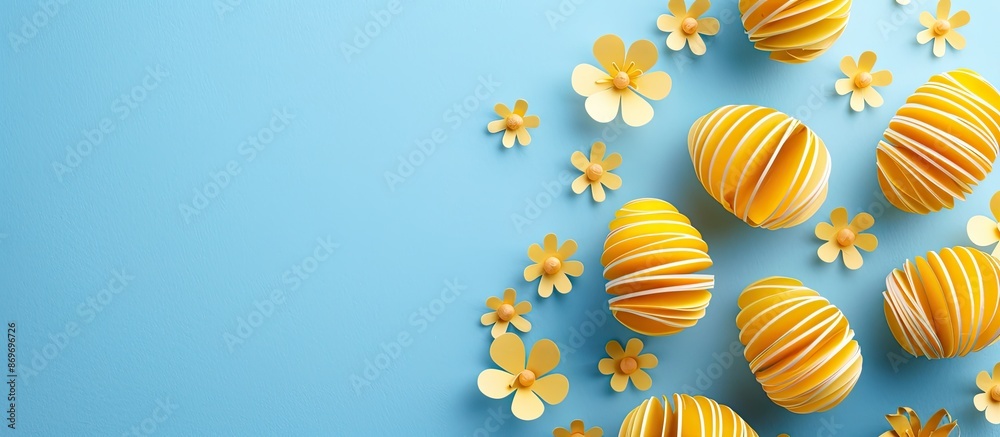 Poster top view of yellow paper-crafted eggs on a blue backdrop, portraying an easter and spring theme, wit