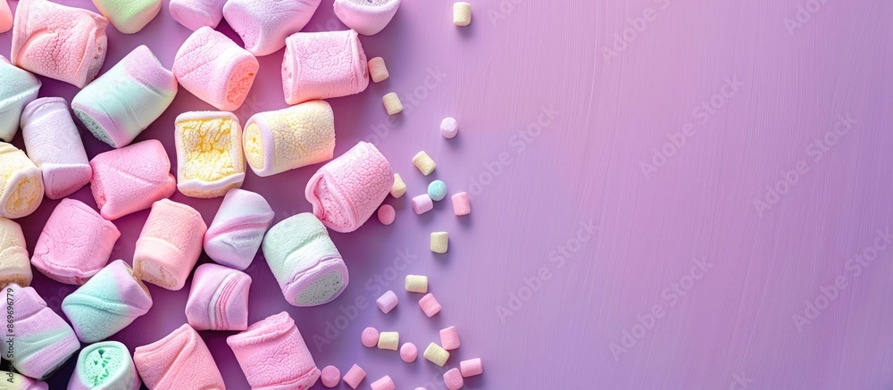 Poster colorful marshmallow candies displayed on a purple backdrop with available copy space image.
