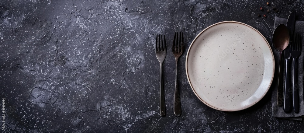 Leinwandbilder cutlery laid out on a kitchen table with an empty ceramic plate against a dark textured concrete bac