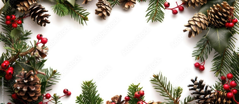 Leinwandbilder A Christmas-themed green frame adorned with cones and holly berries set against a white background with empty space for text or images. Copy space image. Place for adding text and design