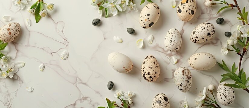 Easter theme with flower design and quail eggs. Hole shaped like an egg for copy space image.