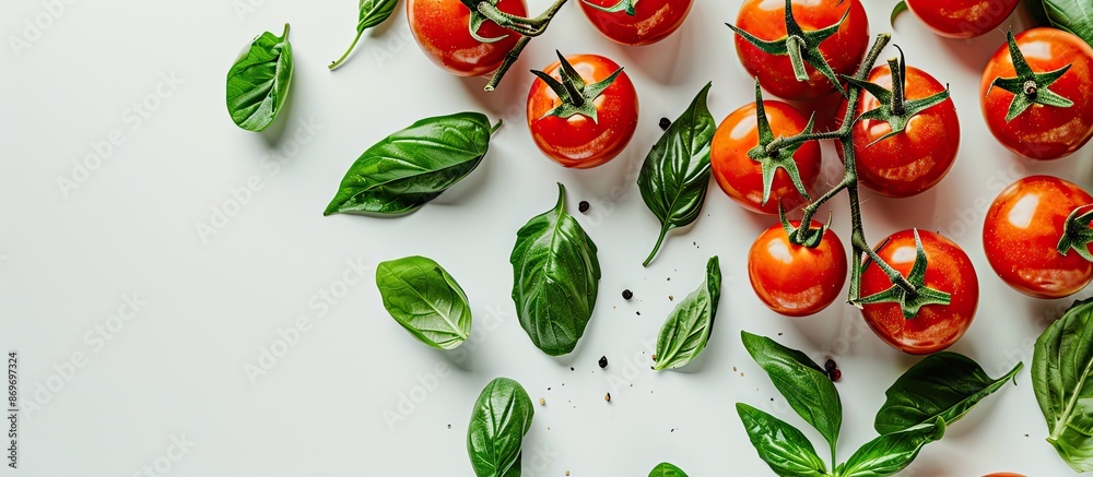 Poster Fresh tomatoes with vibrant green leaves, creating a visually appealing copy space image on a white background.