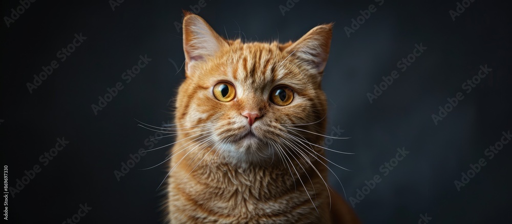 Poster A close-up studio portrait features an adorable Scottish straight cat against a dark backdrop, leaving room for text or other elements in the image. Copy space image. Place for adding text and design