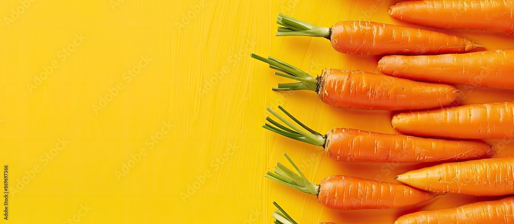 Poster Fresh carrots arranged on a bright background with space for text or other elements, seen from above. Copy space image. Place for adding text and design