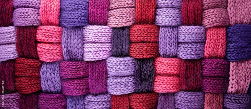Poster knitted sweater texture in shades of purple, red, and pink providing a background with available cop