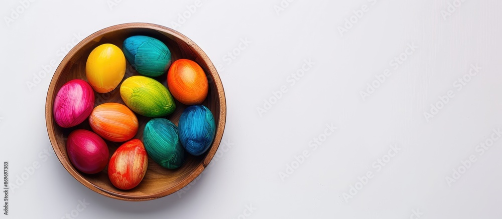 Aufkleber Closeup of brightly colored Easter eggs arranged in a wooden bowl on a white background with space for adding text or design elements - copy space image.