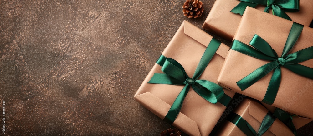 Poster gift boxes with a festive touch, wrapped in brown paper and tied with a green ribbon, presented in a