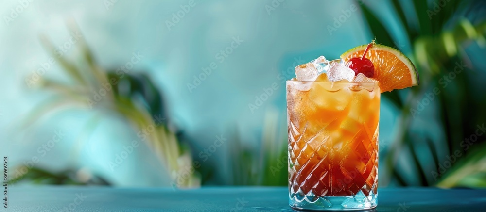 Aufkleber a refreshing mai tai cocktail displayed on a blue background with ample copy space image.