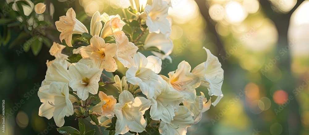 Poster a detailed image of a silver trumpet tree flower bouquet against a tree backdrop, with ample space f