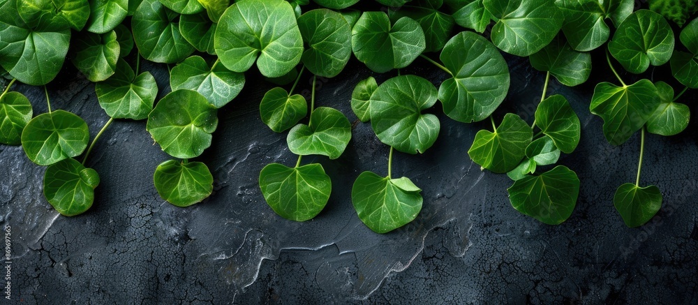 Poster Green sorrel leaves arranged neatly on a dark surface with a top view, allowing for copy space image.