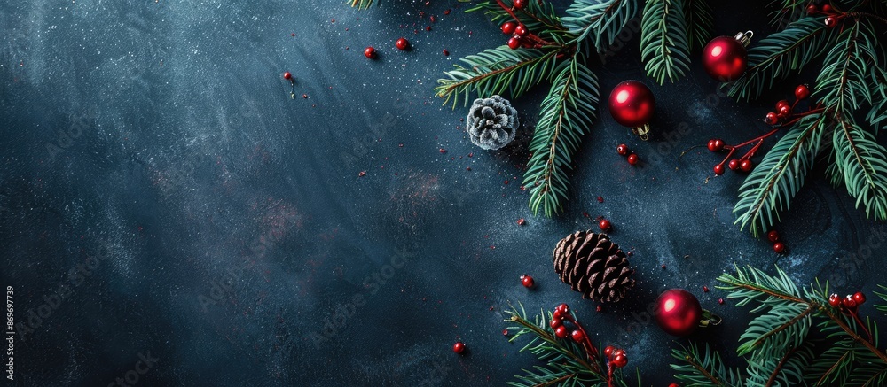 Poster An image capturing the essence of Christmas with a festive layout featuring classic holiday elements like pine tree branches, suitable for the winter season. Includes a background with ample space