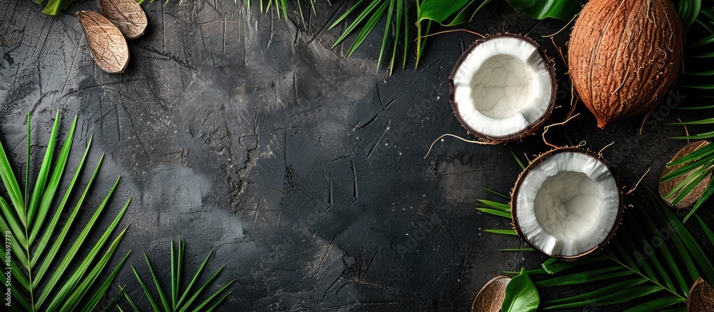 Aufkleber Tropical coconut displayed on a dark stone surface with palm leaves, creating a refreshing and tropical atmosphere in a top-down view with room for your message in the copy space image.