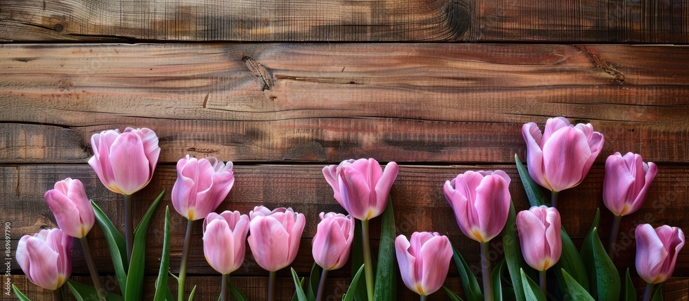 Poster a charming display of pink tulips and a toy on a wooden backdrop offers an attractive copy space ima