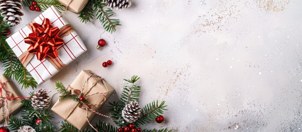 Poster Desk with a Christmas theme background displayed in a top view angle, ideal for copy space image.