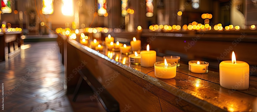 Poster Arrangement of lit candles in a row in a church with copy space image.