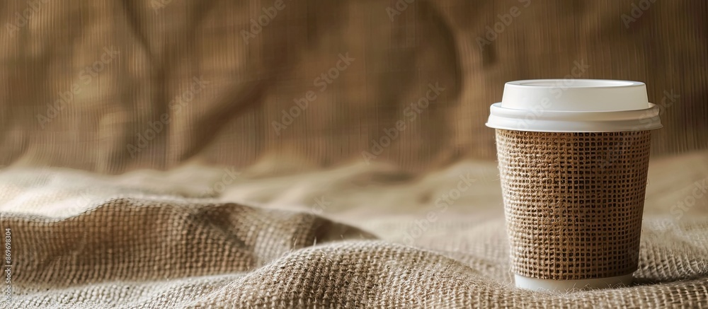Aufkleber A coffee cup displayed on a textile surface with a blank area for additional visuals, such as text or images - copy space image.