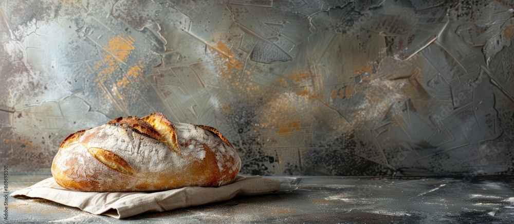 Aufkleber Fresh bread loaf on napkin on a table, set against a rustic stone background for a bakery feel, with space for text or images. Copy space image. Place for adding text and design