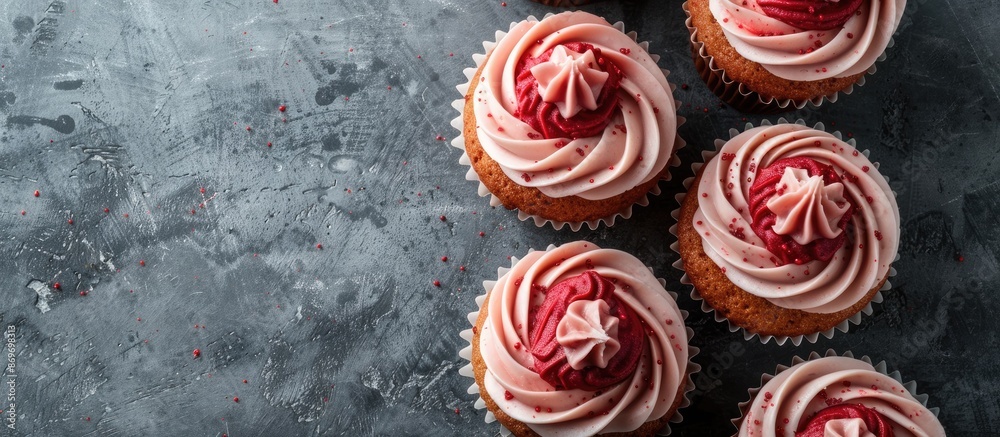 Poster Cupcakes topped with red cream set against a grey backdrop with copy space image.