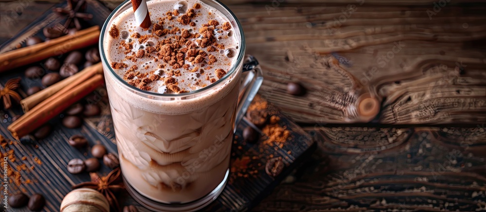 Poster chilled cocoa drink served with cold milk, perfect for cozying up with. add a flair with a sprinkle 