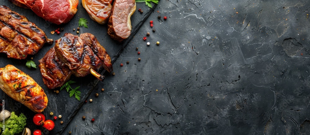Fototapete Different grilled meats like beef, pork, and chicken on a stone background with space for your text. Copy space image. Place for adding text and design
