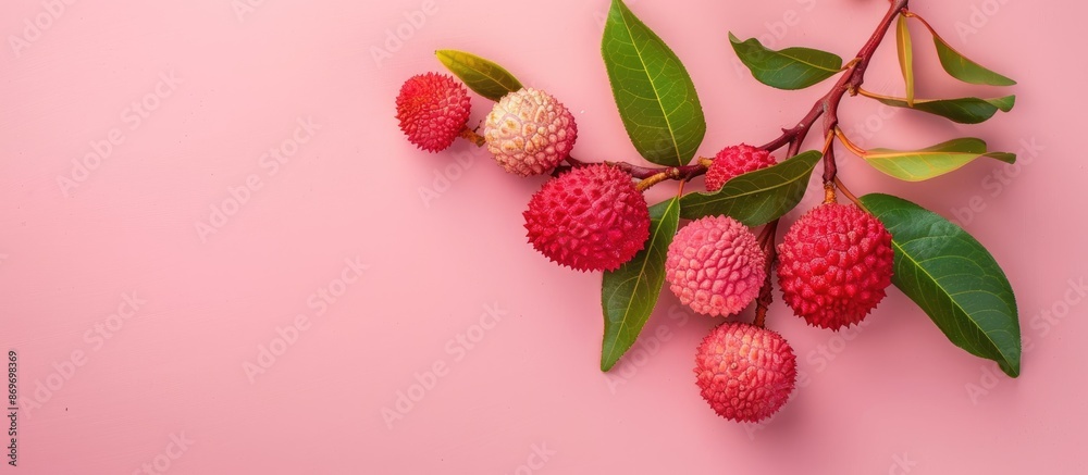 Aufkleber Flat lay composition of a lychee on a pink background with copy space image available.