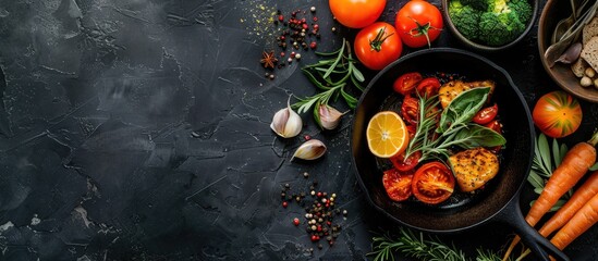 Cooking homemade gourmet dishes with whole foods ingredients in a cast iron pan for a celebratory meal with a beautifully styled copy space image.