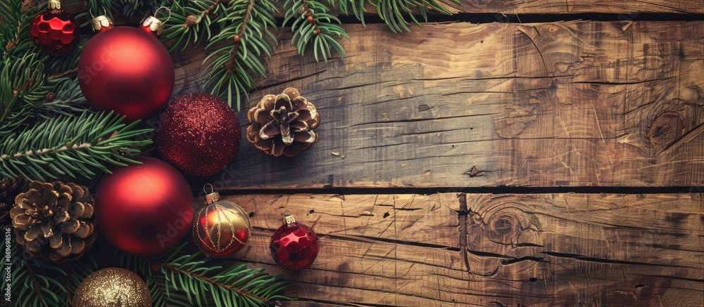 Poster Vintage retro style Christmas decorations displayed on a rustic wood background with empty space for text or copy space image.