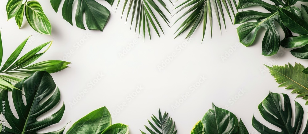 Poster White background with tropical leaves for a summer-themed flat lay image with copy space image.