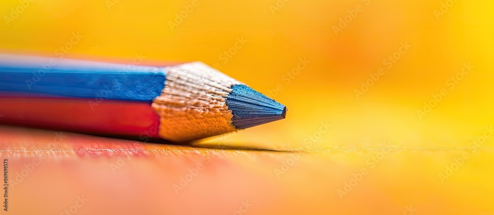 Poster close-up of colored pencil with focus on stylus, blurred yellow background, and copy space image for