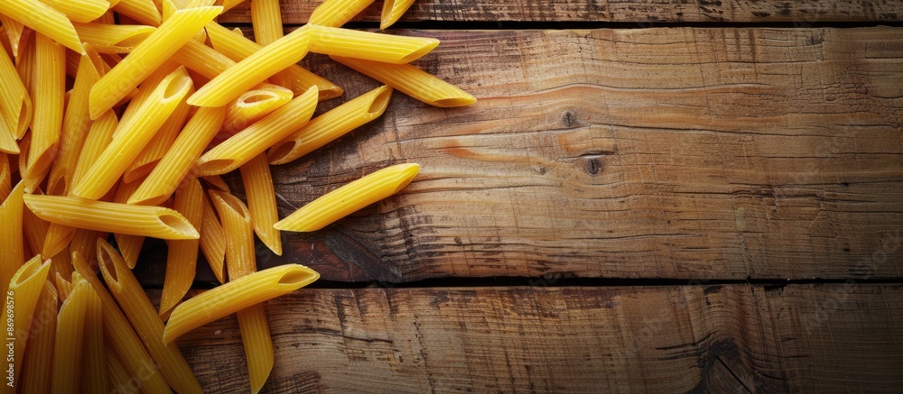 Poster close-up photo of vibrant uncooked penne pasta on a wooden table creates a textured italian food bac