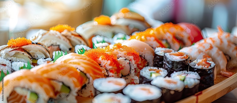 Aufkleber Selective focus on a platter adorned with an array of sophisticated sushi varieties creating an appealing copy space image.
