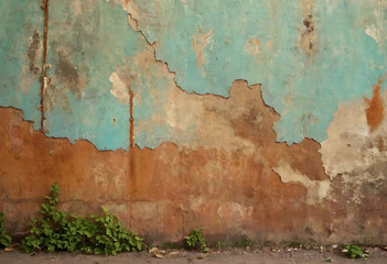 Fototapeta premium A weathered wall with peeling paint, revealing layers of color and texture, with a small patch of greenery at the base. Perfect for backgrounds, grunge aesthetics, or urban-themed projects.