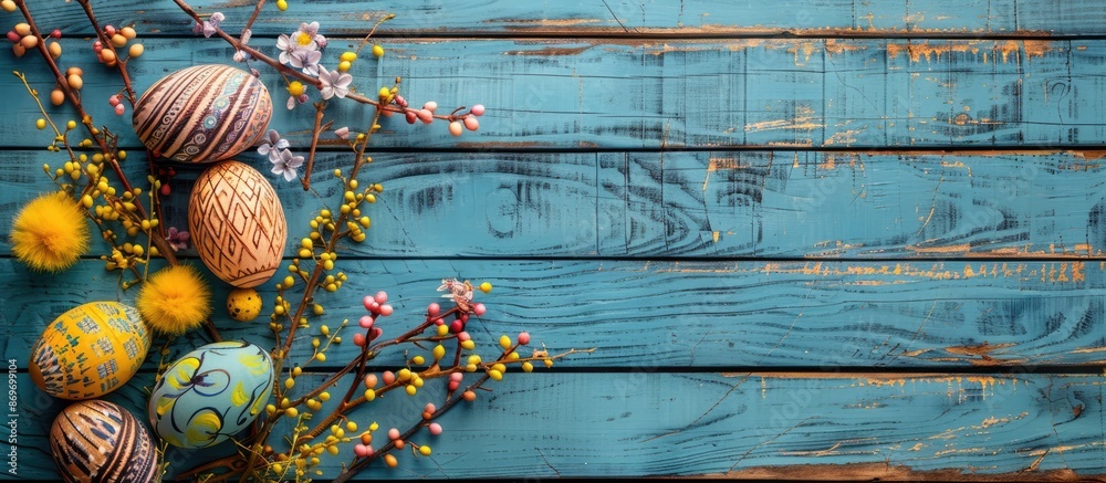Poster colorful wooden easter eggs decorated with feathers and mimosa, displayed on a blue wooden backdrop 